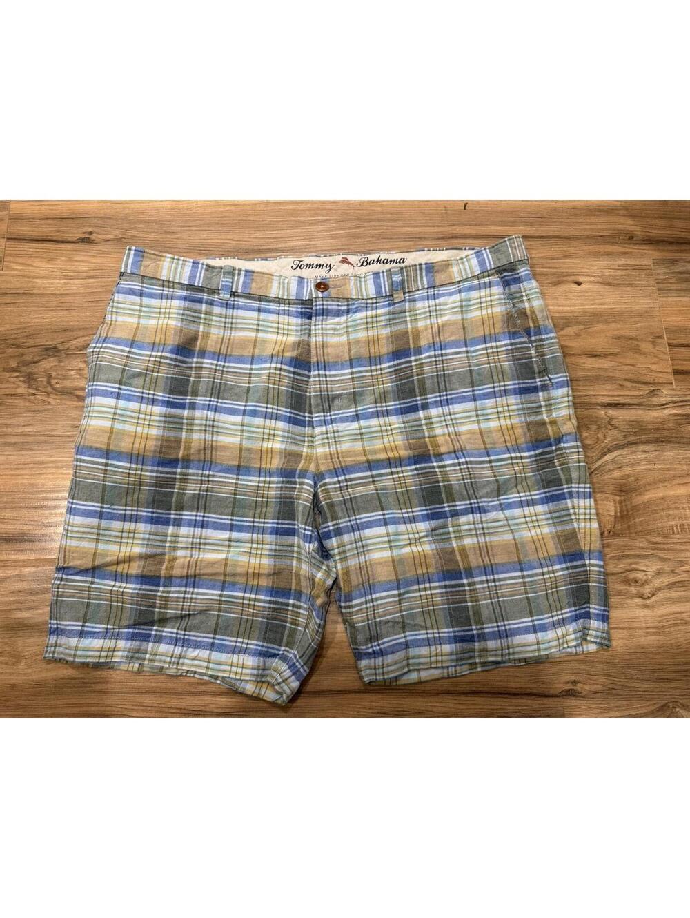 Tommy Bahama Plaid Linen Blend Shorts Men’s Size 42 Blue Beige Madras Flat Front